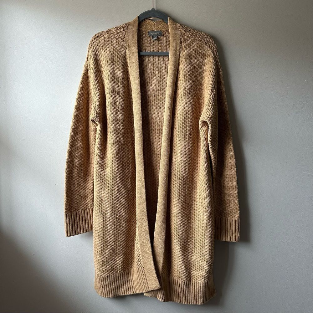 Style & Co. Tan Long Lined Open-Front Knit Cardigan Camel Size S Boho Kimono